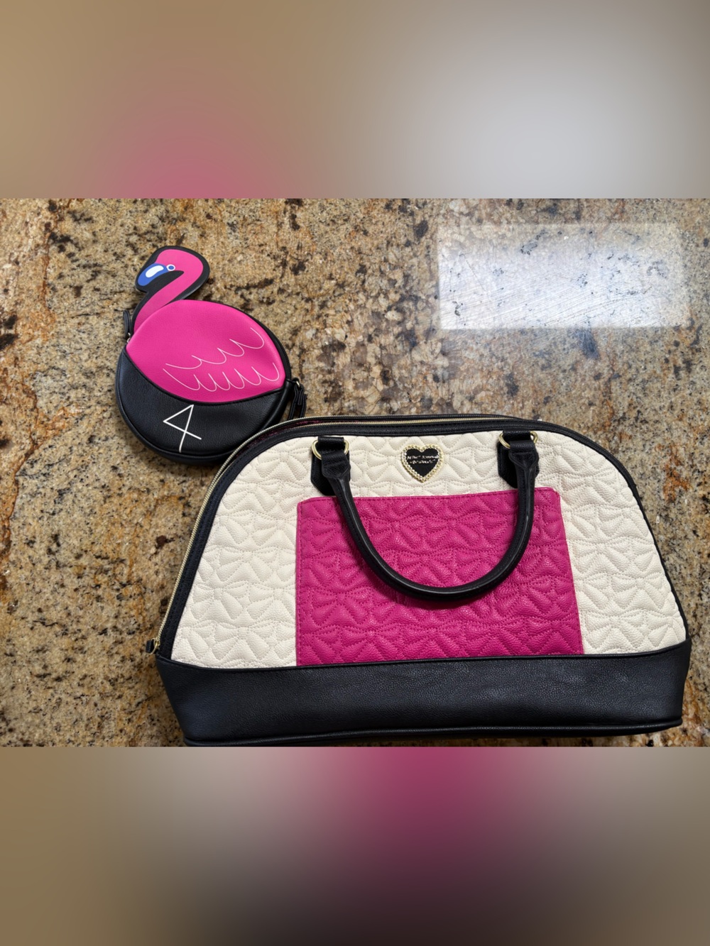 Betsey Johnson | Quilted bow hobo bag with flamingo wristlet.